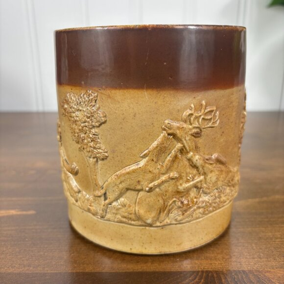 Antique Salt Glaze Hunting Mug with Hound Handle 1800s Stoneware Tankard - Picture 3 of 14